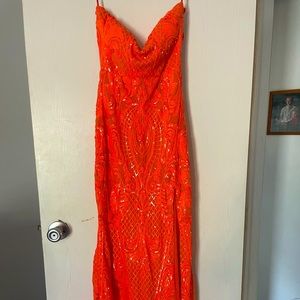 Long orange, sequin prom dress